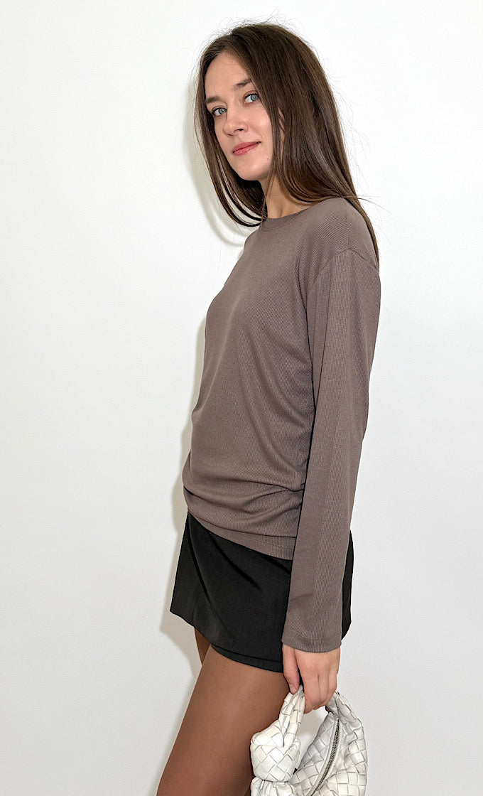 LENA ROUND NECK BROWN SHIRT