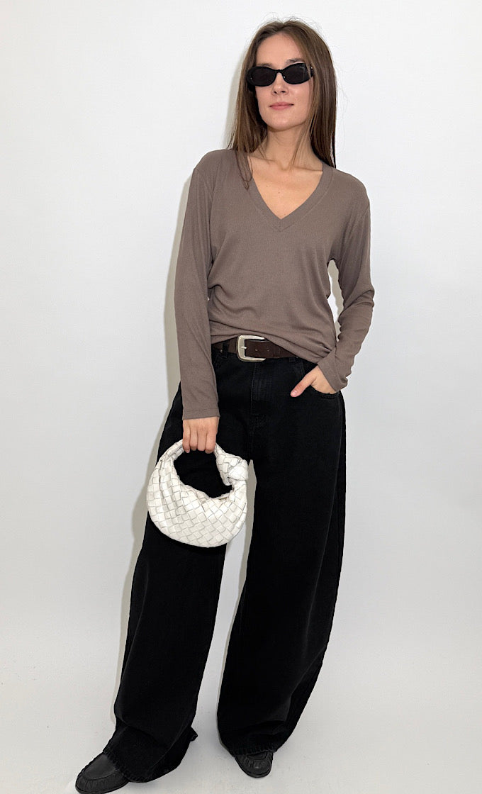 LENA V-NECK BROWN SHIRT